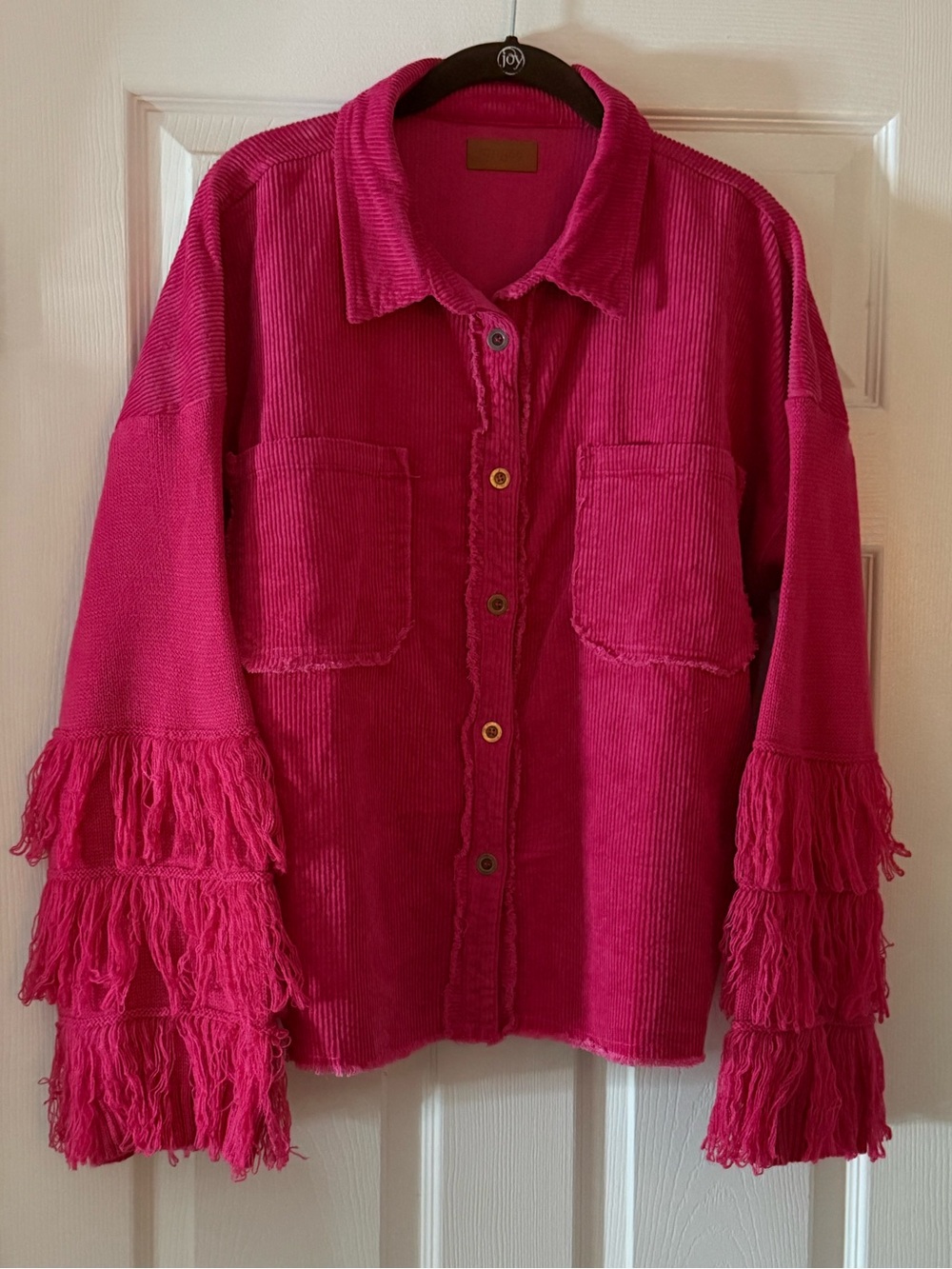 Umgee Hot Pink Fringe Corduroy Shacket - Women Jackets
